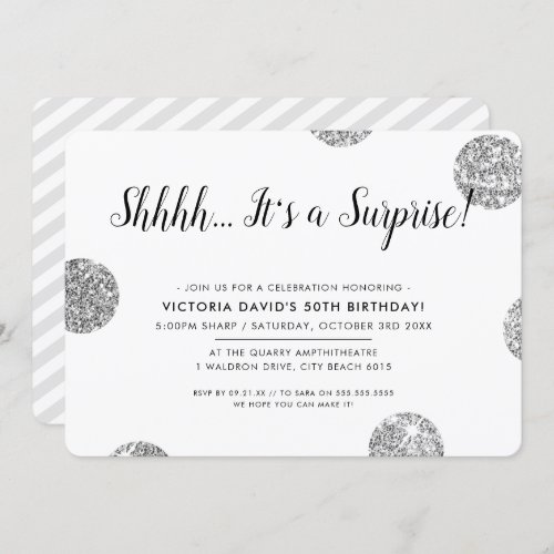 SURPRISE PARTY stylish silver glitter polka dots Invitation