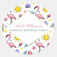 Surprise Party | Summer Flamingo, Lollipop and Sun Classic Round Sticker