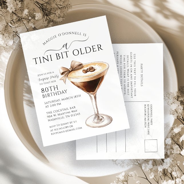 SURPRISE PARTY Tini Bit Older Martini 80th Invitation Postcard (Creator Uploaded)