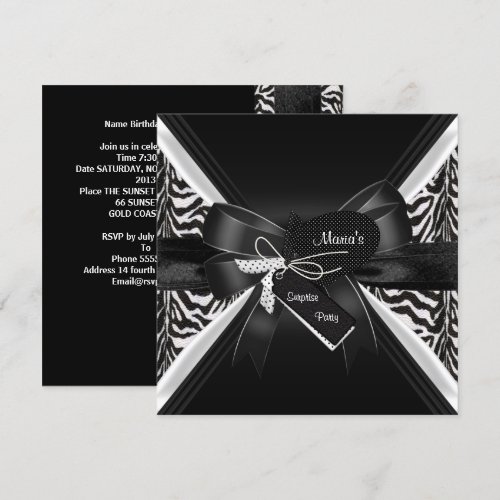 Surprise Party Zebra Black White Bow Invites