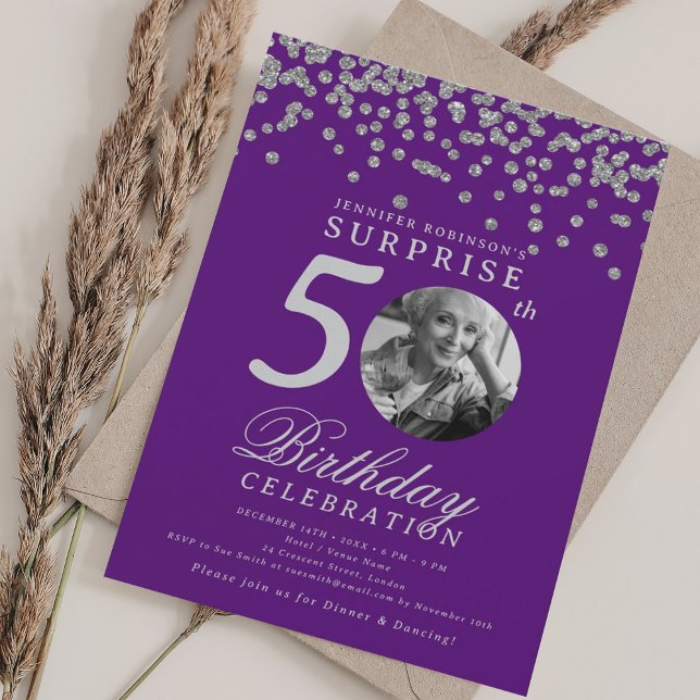 SURPRISE Photo 50 Birthday Silver Confetti Purple Invitation (SURPRISE Photo 50 Birthday Silver Confetti Purple Invitation)