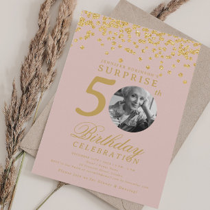 SURPRISE Photo 50th Birthday Gold Confetti Blush Invitation