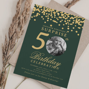 SURPRISE Photo 50th Birthday Gold Confetti Green Invitation