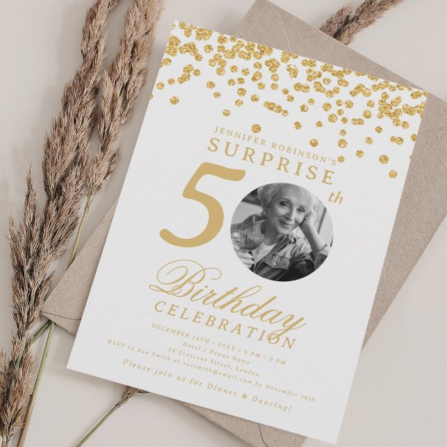 SURPRISE Photo 50th Birthday Gold Confetti Invitation (SURPRISE Photo 50th Birthday Gold Confetti Invitation)