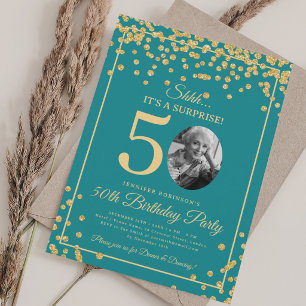 SURPRISE Photo 50th Birthday Gold Glitter Teal Invitation