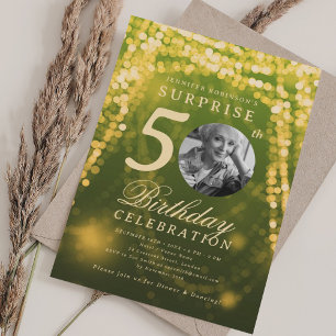 SURPRISE Photo 50th Birthday Gold Green Glam Invitation