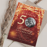 SURPRISE Photo 50th Birthday Gold Red Glam Lights Invitation<br><div class="desc">An elegant "50th Birthday" party invitation design with personalized photo,  modern typography and a string lights background.</div>