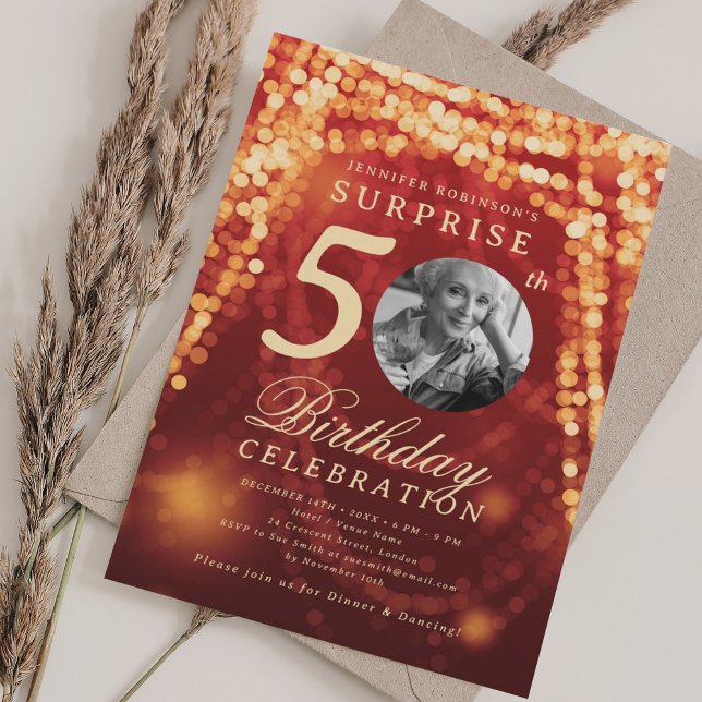 SURPRISE Photo 50th Birthday Gold Red Glam Lights Invitation (SURPRISE Photo 50th Birthday Gold Red Glam Lights Invitation)