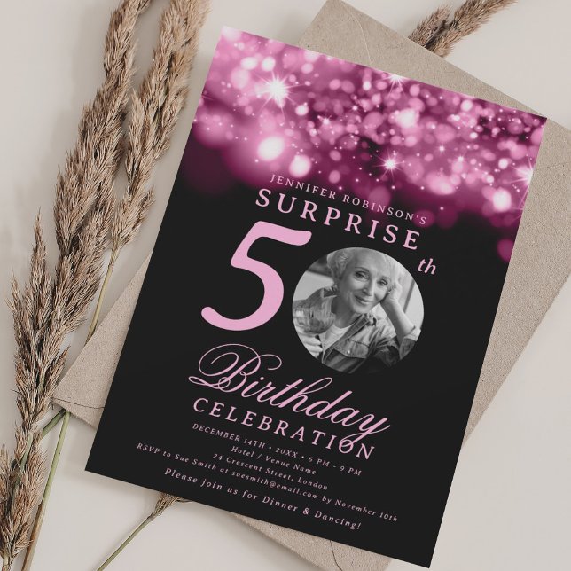 SURPRISE Photo 50th Birthday Hot Pink Midnight  Invitation (SURPRISE Photo 50th Birthday Hot Pink Midnight Invitation)