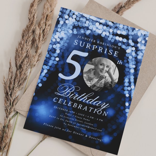 SURPRISE Photo 50th Birthday Navy Blue Glam Lights Invitation (SURPRISE Photo 50th Birthday Navy Blue Glam Lights Invitation)