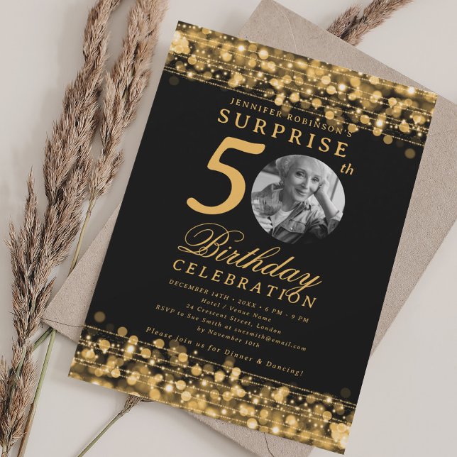 SURPRISE Photo 50th Birthday Party Gold Lights Invitation (SURPRISE Photo 50th Birthday Party Gold Lights Invitation)