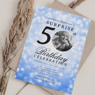 SURPRISE Photo 50th Birthday Party Navy Bokeh Invitation
