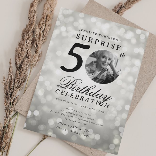 SURPRISE Photo 50th Birthday Party Silver Bokeh Invitation (SURPRISE Photo 50th Birthday Party Silver Bokeh Invitation)