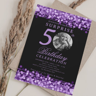 SURPRISE Photo 50th Birthday Purple Lights Invitation