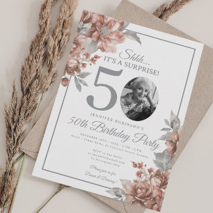 SURPRISE Photo 50th Birthday Rose Gold Floral Invitation