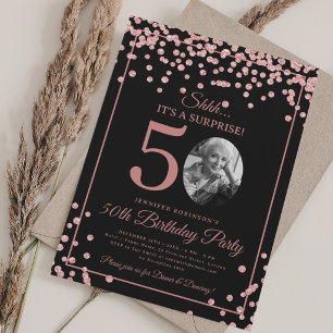 SURPRISE Photo 50th Birthday Rose Gold Glitter Invitation