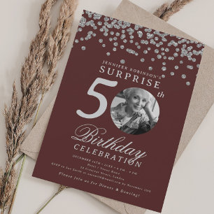 SURPRISE Photo 50th Birthday Silver Burgundy Invitation