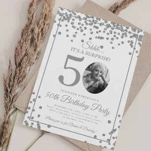 SURPRISE Photo 50th Birthday Silver Confetti Invitation