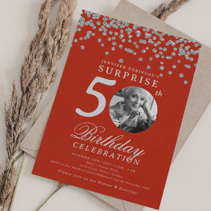 SURPRISE Photo 50th Birthday Silver Confetti Red Invitation
