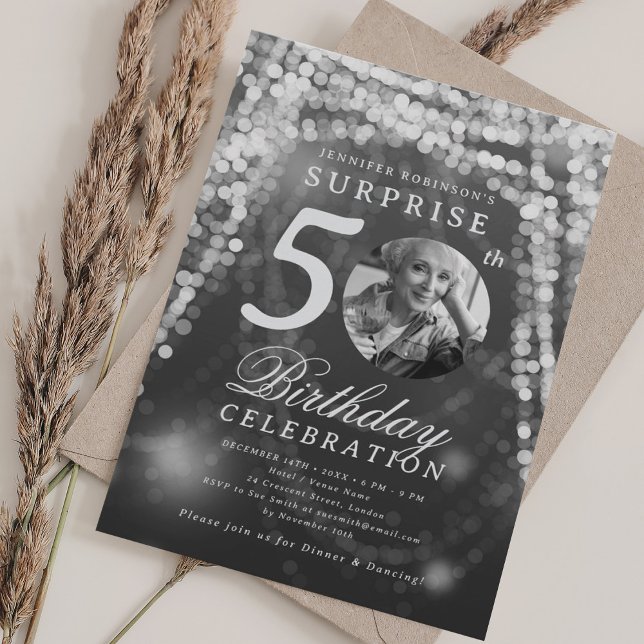 SURPRISE Photo 50th Birthday Silver Glam Lights Invitation (SURPRISE Photo 50th Birthday Silver Glam Lights Invitation)