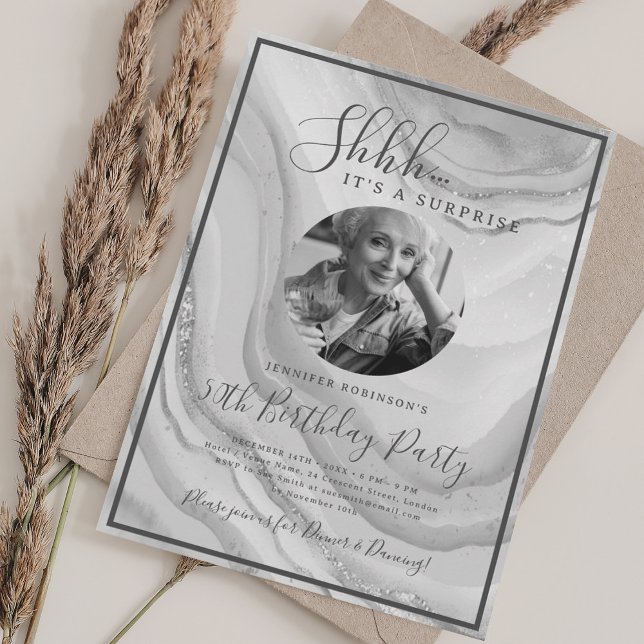 SURPRISE Photo 50th Birthday Silver Marble  Invitation (SURPRISE Photo 50th Birthday Silver Marble Invitation)