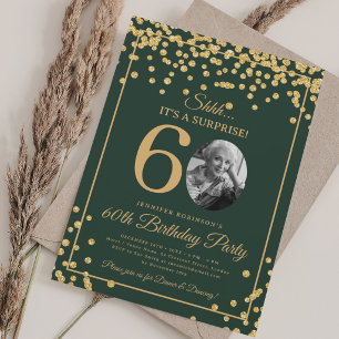 SURPRISE Photo 60 Birthday Gold Confetti Green  Invitation