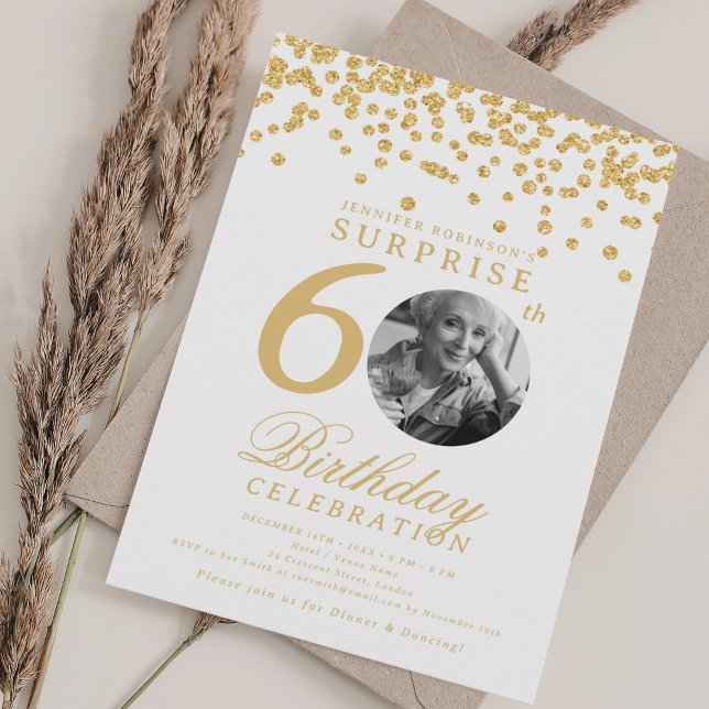 SURPRISE Photo 60th Birthday Gold Confetti Invitation (SURPRISE Photo 60th Birthday Gold Confetti Invitation)