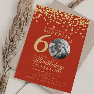 SURPRISE Photo 60th Birthday Gold Confetti Red Invitation