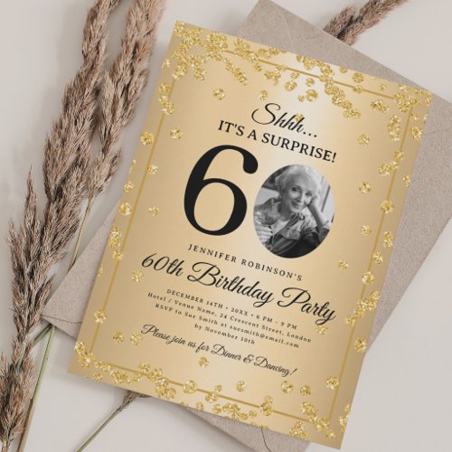 SURPRISE Photo 60th Birthday Gold Glam Confetti Invitation