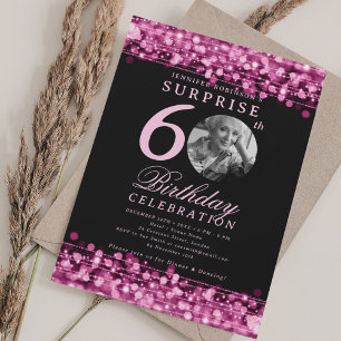SURPRISE Photo 60th Birthday Hot Pink Lights Invitation