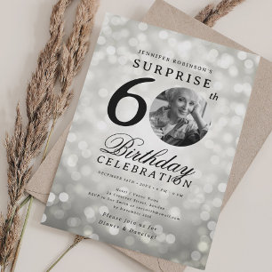 SURPRISE Photo 60th Birthday Party Silver Bokeh Invitation