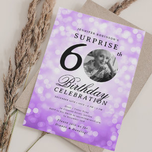 SURPRISE Photo 60th Birthday Purple Bokeh Invitation