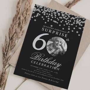 SURPRISE Photo 60th Birthday Silver Confetti Black Invitation