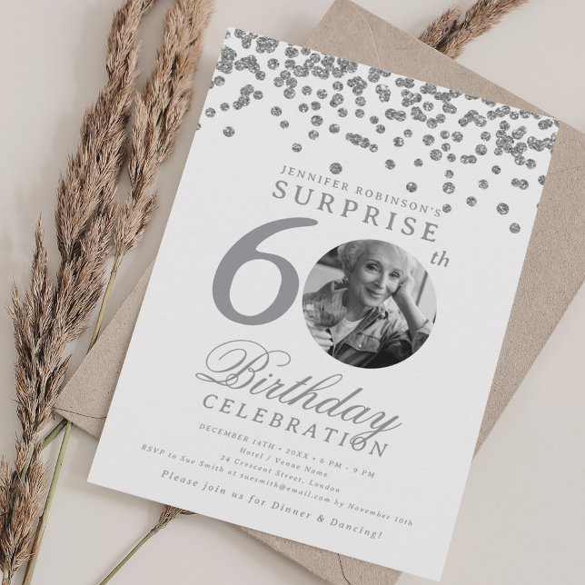 SURPRISE Photo 60th Birthday Silver Confetti Invitation (SURPRISE Photo 60th Birthday Silver Confetti Invitation)