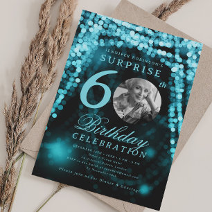 SURPRISE Photo 60th Birthday Turquoise Glam Lights Invitation