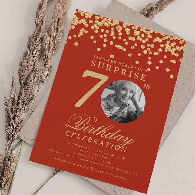 SURPRISE Photo 70 Birthday Gold Confetti Red  Invitation (Creator Uploaded)
