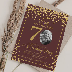 SURPRISE Photo 70 Birthday Gold Glitter Burgundy Invitation