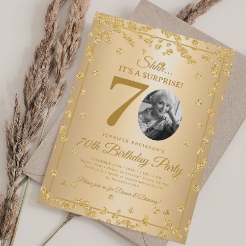 SURPRISE Photo 70th Birthday Gold Glam Confetti Invitation