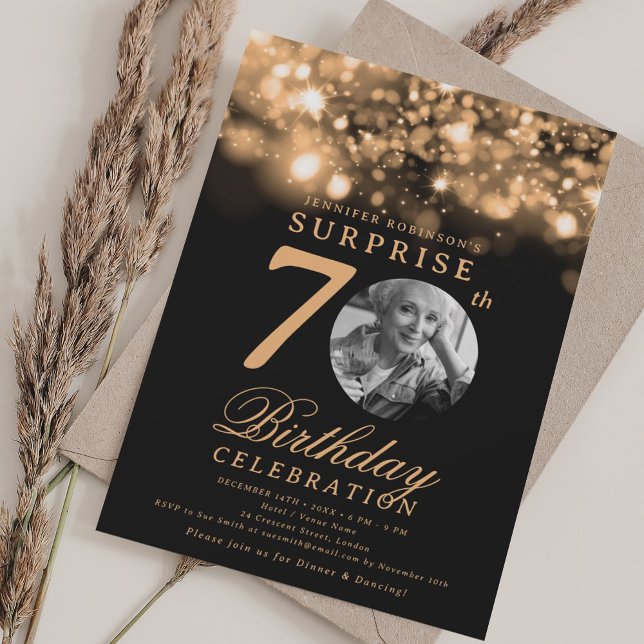 SURPRISE Photo 70th Birthday Gold Midnight Glam  Invitation (SURPRISE Photo 70th Birthday Gold Midnight Glam Invitation)