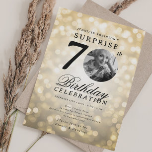 SURPRISE Photo 70th Birthday Party Gold Bokeh Invitation
