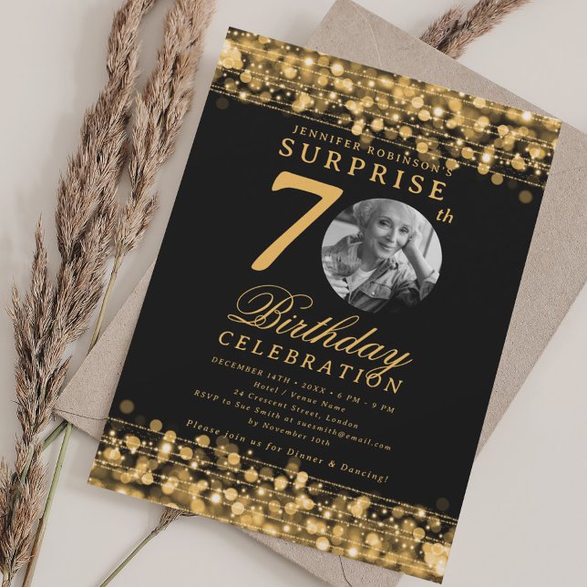 SURPRISE Photo 70th Birthday Party Gold Lights Invitation (SURPRISE Photo 70th Birthday Party Gold Lights Invitation)