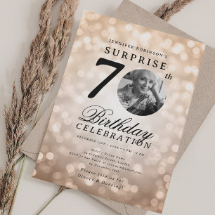 SURPRISE Photo 70th Birthday Party Rose Gold Bokeh Invitation