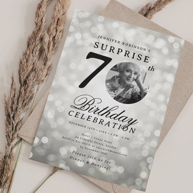 SURPRISE Photo 70th Birthday Party Silver Bokeh Invitation (SURPRISE Photo 70th Birthday Party Silver Bokeh Invitation)