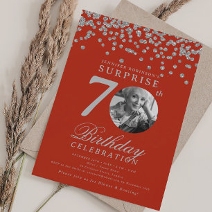 SURPRISE Photo 70th Birthday Party Silver Red Invitation