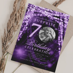 SURPRISE Photo 70th Birthday Purple Glam Lights Invitation