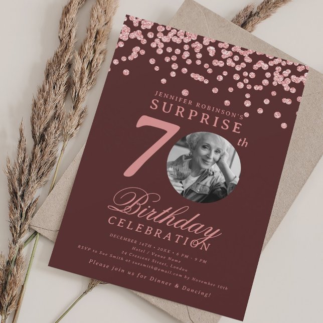 SURPRISE Photo 70th Birthday Rose Gold Burgundy  Invitation (SURPRISE Photo 70th Birthday Rose Gold Burgundy Invitation)