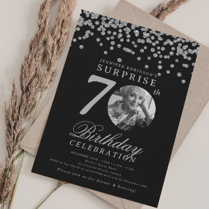 SURPRISE Photo 70th Birthday Silver Black Invitation
