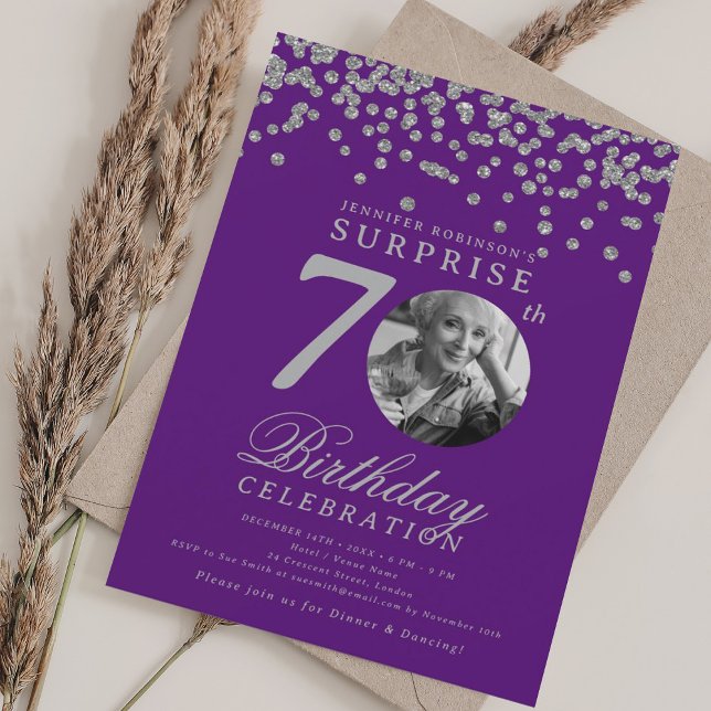 SURPRISE Photo 70th Birthday Silver Purple  Invitation (SURPRISE Photo 70th Birthday Silver Purple Invitation)