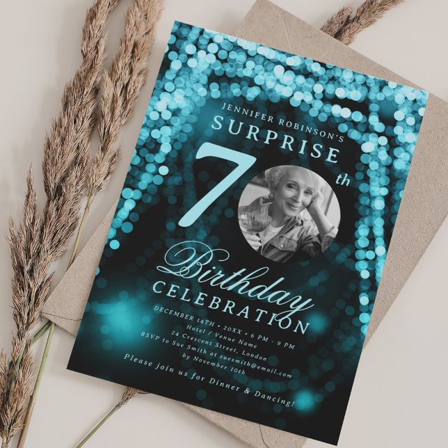 SURPRISE Photo 70th Birthday Turquoise Glam  Invitation (SURPRISE Photo 70th Birthday Turquoise Glam Invitation)