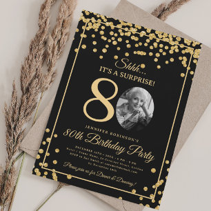 SURPRISE Photo 80th Birthday Gold Glitter Confetti Invitation